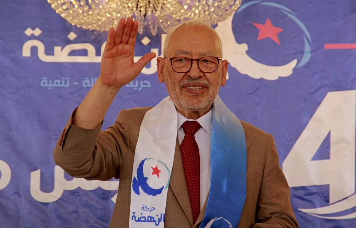 Rached Ghannouchi, líder do partido islâmico Ennahda da Tunísia, faz seu discurso em Sfax em 5 de junho de 2022 [Houssem Zouari /AFP/Getty Images]
