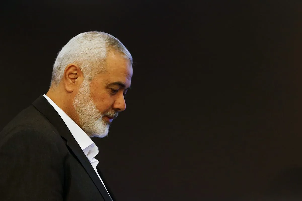 Ismail Haniyeh, chefe do gabinete político do movimento Hamas, durante coletiva de imprensa em Moscou, 4 de março de 2020 [Sefa Karacan/Agência Anadolu]
