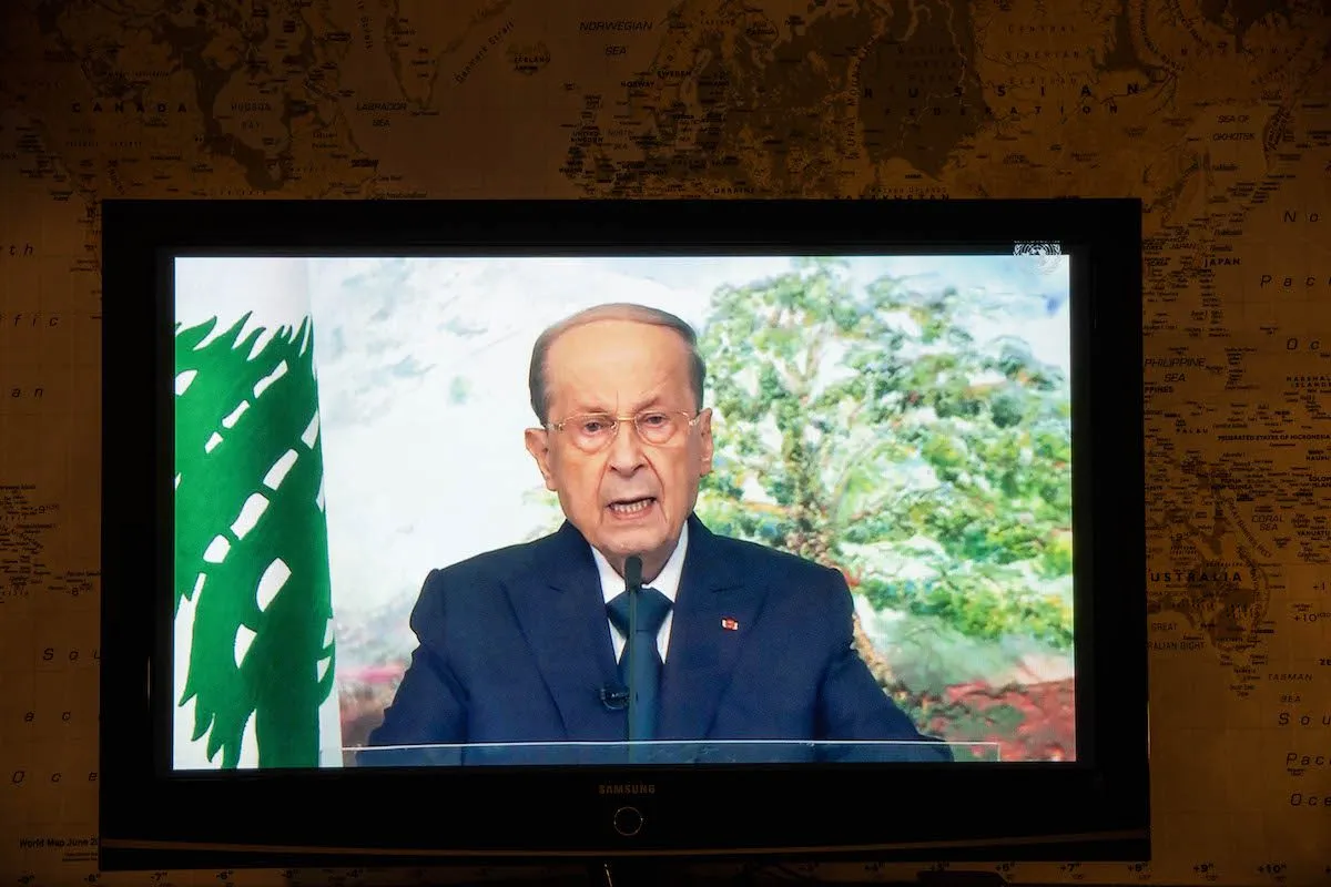 Presidente do Líbano Michel Aoun discursa em vídeo pré-gravado à Assembleia Geral das Nações Unidas, em Nova York, 24 de setembro de 2021 [Michael Nagle/Bloomberg via Getty Images]
