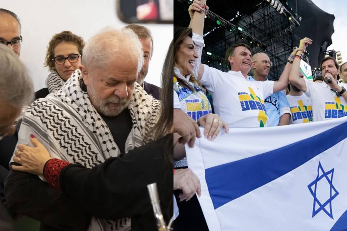 À esquerda: presidente eleito do Brasil, Luiz Inácio Lula da Silva, com um lenço palestino (keffiyeh), durante encontro com a comunidade, em junho de 2022 [FEPAL]; à direita: então presidente, Jair Bolsonaro, com uma bandeira de Israel, durante ato da Marcha para Jesus, em junho de 2019 [Isac Nóbrega/Agência Brasil]