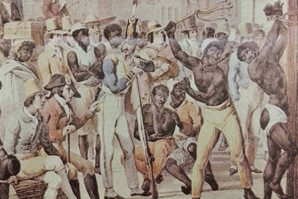 Obra de Jean-Baptiste Debret retrata homem negro sendo açoitado; castigos como este e a imposição da religião católica foram os estopins da maior insurreição escrava do Brasil, a Revolta dos Malês, promovida por negro nagô e muçulmanos [Instituto Geográfico e Histórico da Bahia/Divulgação]

