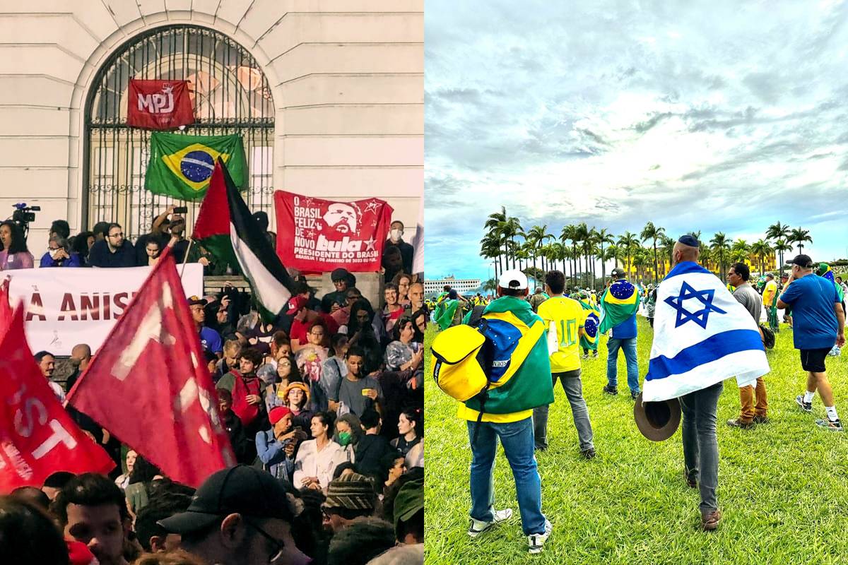  Ato por democracia, em resposta, na Cinelândia, Rio de Janeiro, em 9 de janeiro de 2023 e ataques antidemocráticos a Brasília, em 8 de janeiro de 2023,  respectivamente [Reprodução/MEMO/Redes sociais]