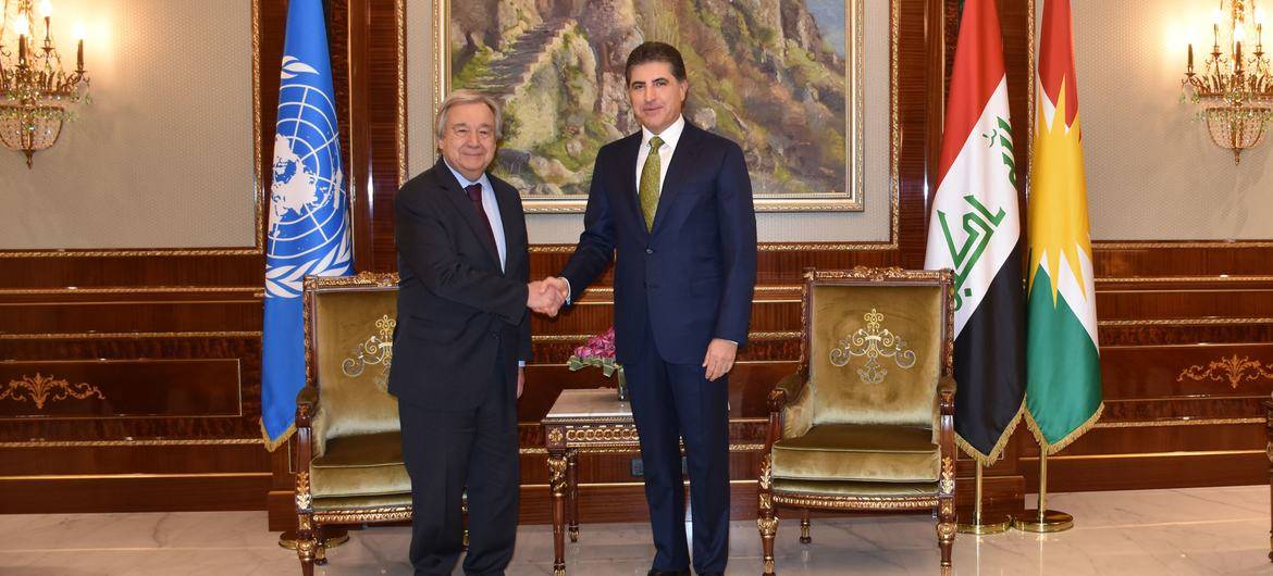O secretário-geral António Guterres (à esquerda) reúne-se com Nechirvan Barzani, presidente da região do Curdistão do Iraque. [Sarmad al-Safy/Unami]
