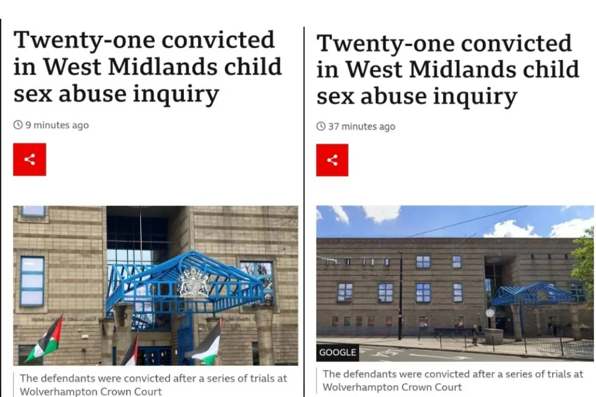A BBC teve de trocar uma imagem referente a crimes sexuais ocorridos em Midlands Ocidentais, na Inglaterra, após incluir bandeiras palestinas na manchete, embora não haja qualquer relação [Miqdaad/Twitter]
