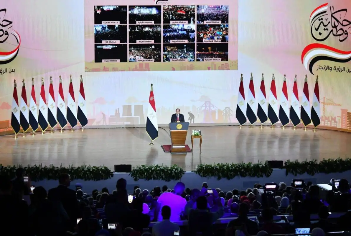 Presidente do Egito, Abdel-Fattah el-Sisi, anuncia sua campanha à reeleição, no Cairo, 2 de outubro de 2023 [Presidência do Egito/Agência Anadolu]
