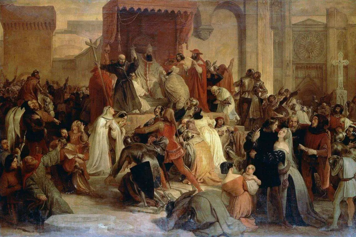 Papa Urbano II pregando a Primeira Cruzada na praça de Clermont, 1835, por Francesco Hayez (1791-1882), óleo sobre tela, 157x235 cm. [Getty Images]
