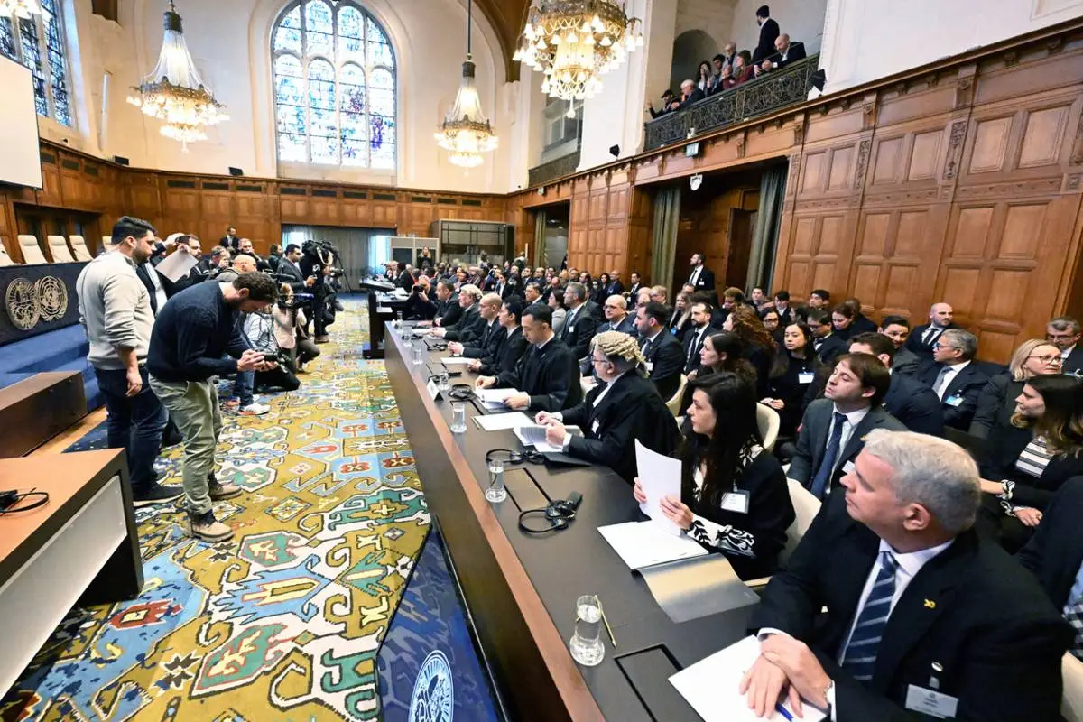 Audiências públicas sobre a denúncia sul-africana de que Israel comete genocídio em Gaza,
no Tribunal Internacional de Justiça (TIJ), radicado em Haia, na Holanda, em 11 de janeiro de
2024 [Dursun Aydemir/Agência Anadolu]