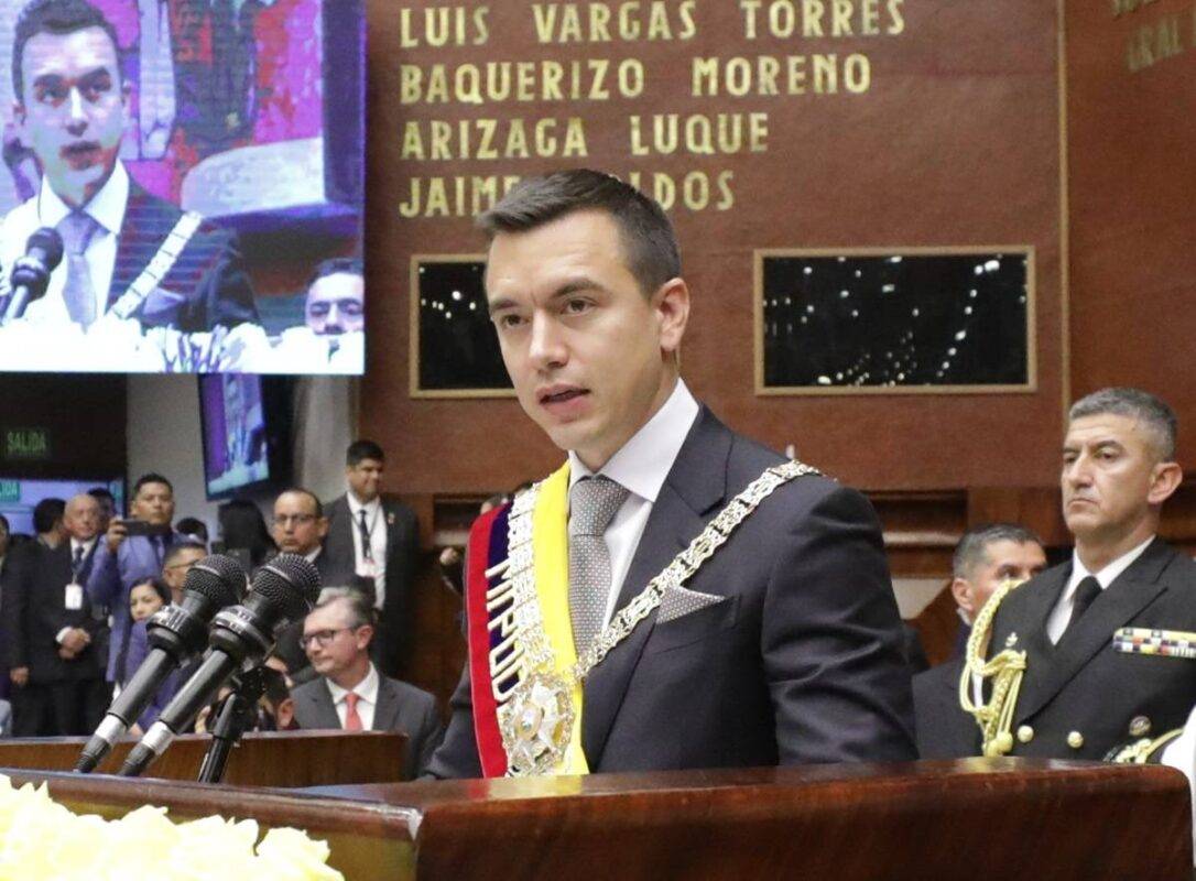 Presidente eleito do Equador, Daniel Noboa, realiza discurso de posse em Quito, em 23 de novembro de 2023 [Assembleia Nacional do Equador/Divulgação]

