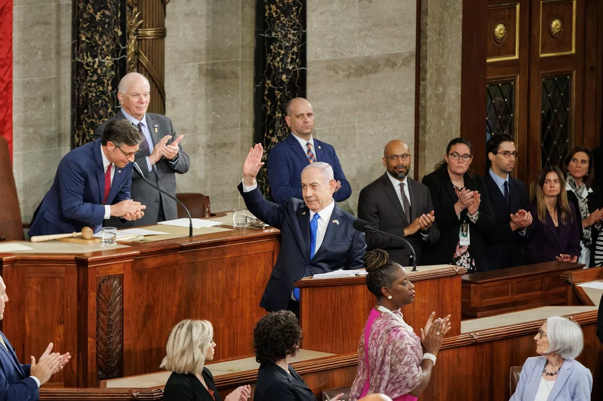 Primeiro-ministro de Israel, Benjamin Netanyahu, discursa ao Congresso dos EUA, no Capitólio, em Washington DC, em 24 de julho de 2024 [Bryan Dozier/Agência Anadolu] 
