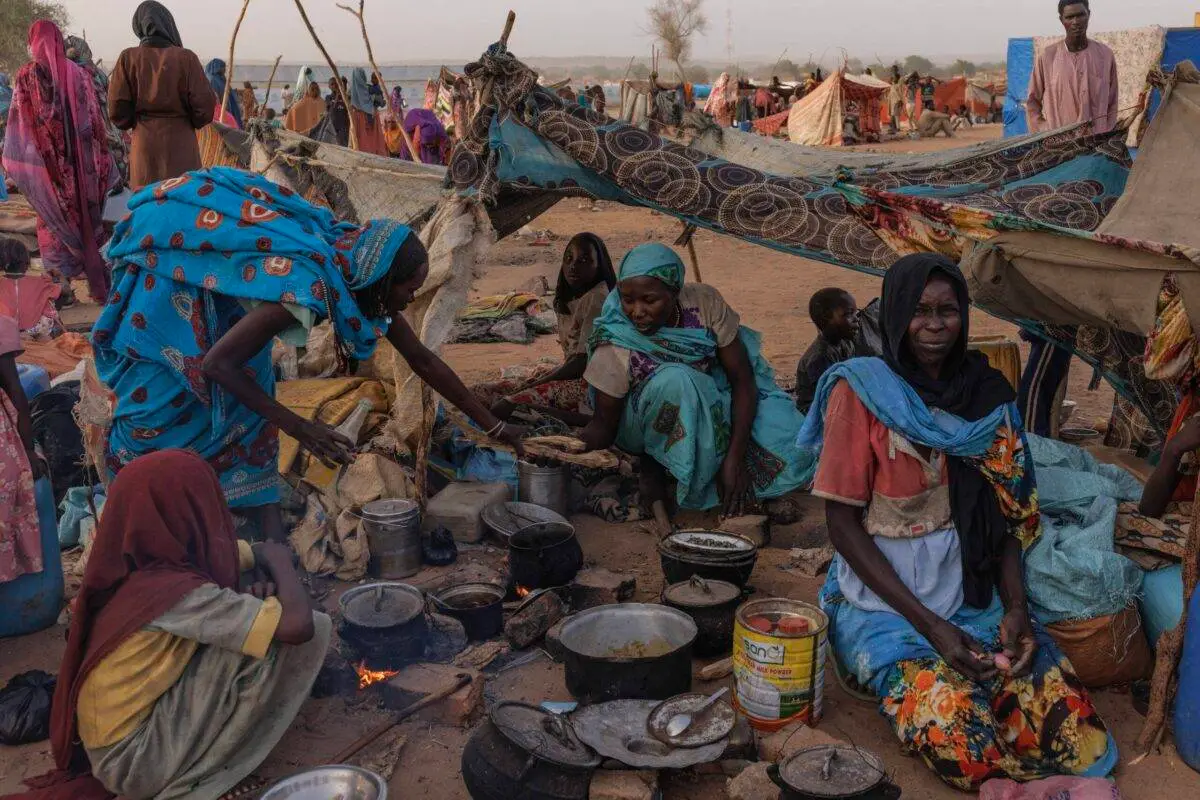 Refugiados sudaneses cozinham em meio a abrigos improvisados em um campo de refugiados em Adre, no Chade, em 24 de abril de 2024 [Dan Kitwood/Getty Images]
