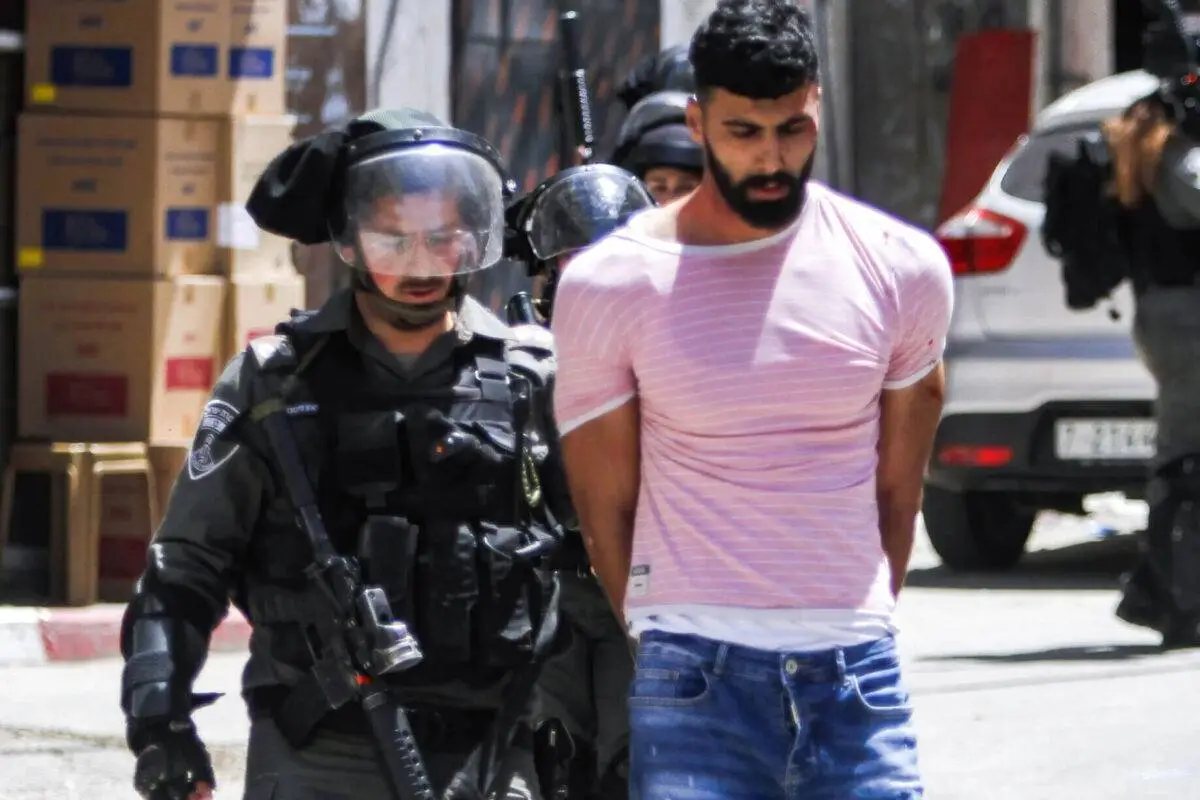 Soldado israelense prende cidadão palestino no vilarejo de Shweika, perto de Tulkarm, no norte da Cisjordânia ocupada, em 3 de novembro de 2023 [Nasser Ishtayeh/SOPA Images/LightRocket via Getty Images]
