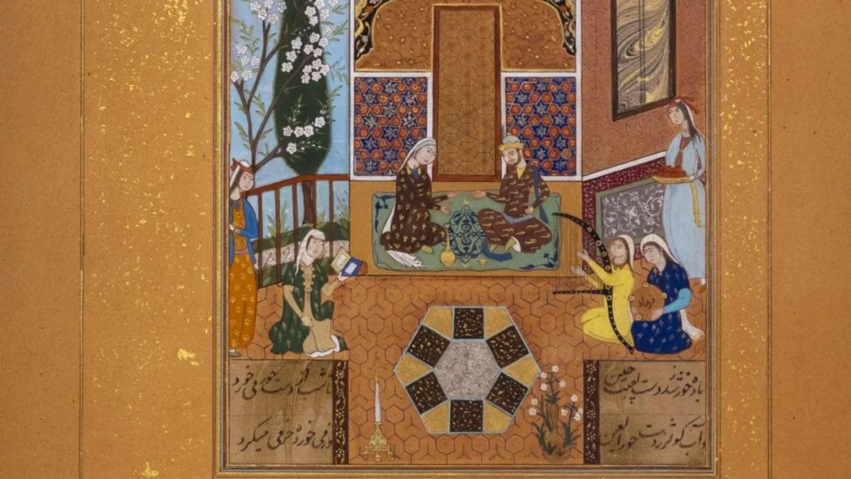 Miniatura persa de Sete Pavilhões do Amor, de Farkhondeh Ahmadzadeh, no Centro Aga Khan de Londres, em 2024 [Jonathan Goldberg via Centro Aga Khan/Divulgação]
