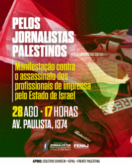 O ato público organizado pelo SJSP e Fenaj é apoiado pelo Coletivo Shireen Abu Akleh de Jornalistas Contra o Genocídio, pela Federação Árabe-Palestina do Brasil (Fepal), Frente Palestina de São Paulo e Núcleo Palestina do PT.  