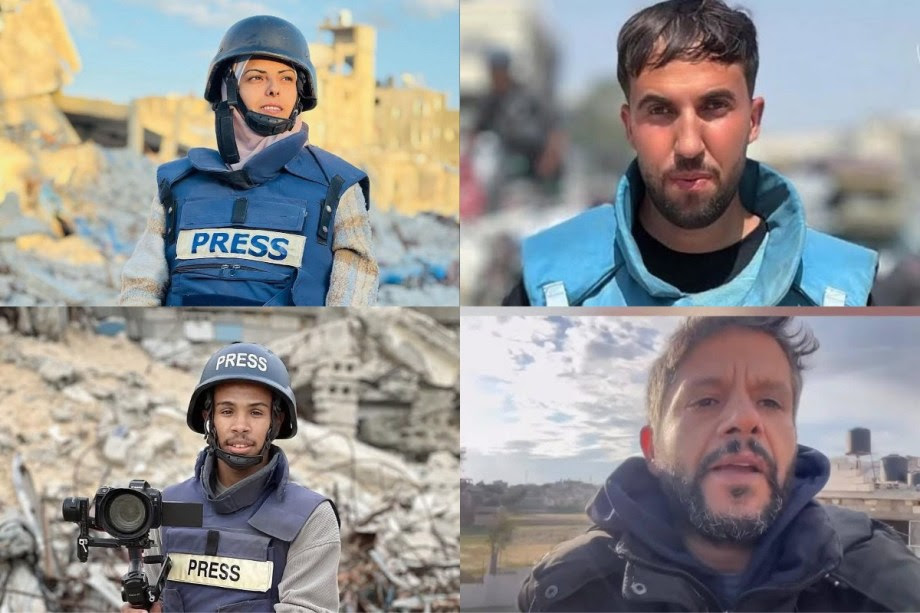 Jornalistas mortos por Israel em Gaza: Mariam Abu Daqqa, repórter da Associated Press e colaboradora do MEMO, Hossam el-Masry, fotógrafo da Reuters; Mohamed Salama, fotógrafo da Al Jazeera; e Moaz Abu Taha, colaborador da rede NBC [MEMO/Reprodução]
