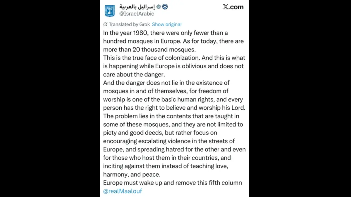 Tuíte da conta oficial de Israel em árabe reproduz conspiração supremacista [X/Reprodução/Screengrab]