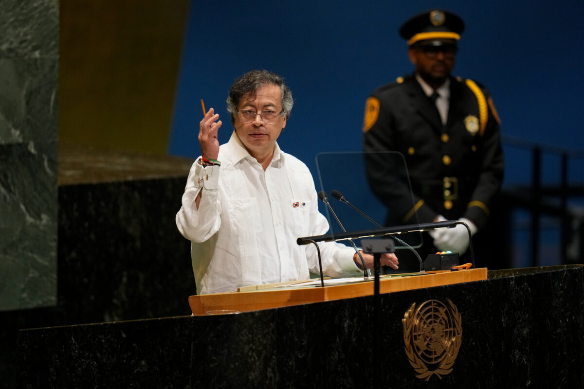 Presidente da Colômbia, Petro, discursa à 80ª Assembleia Geral da ONU, em Nova York, em 23 de setembro de 2025 [David Dee Delgado/Bloomberg via Getty Images]