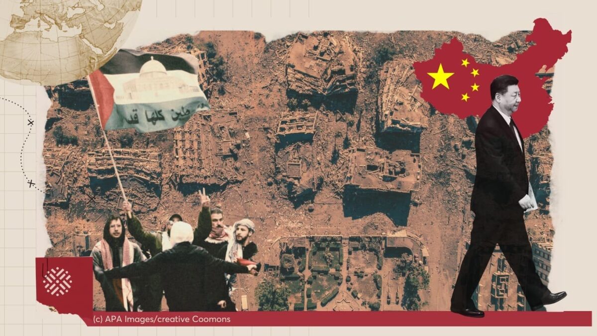 Montagem de fotos sugerindo relações distanciadas da China em relação à destruição de Gaza [Al Shabaka/Creative Commons]
