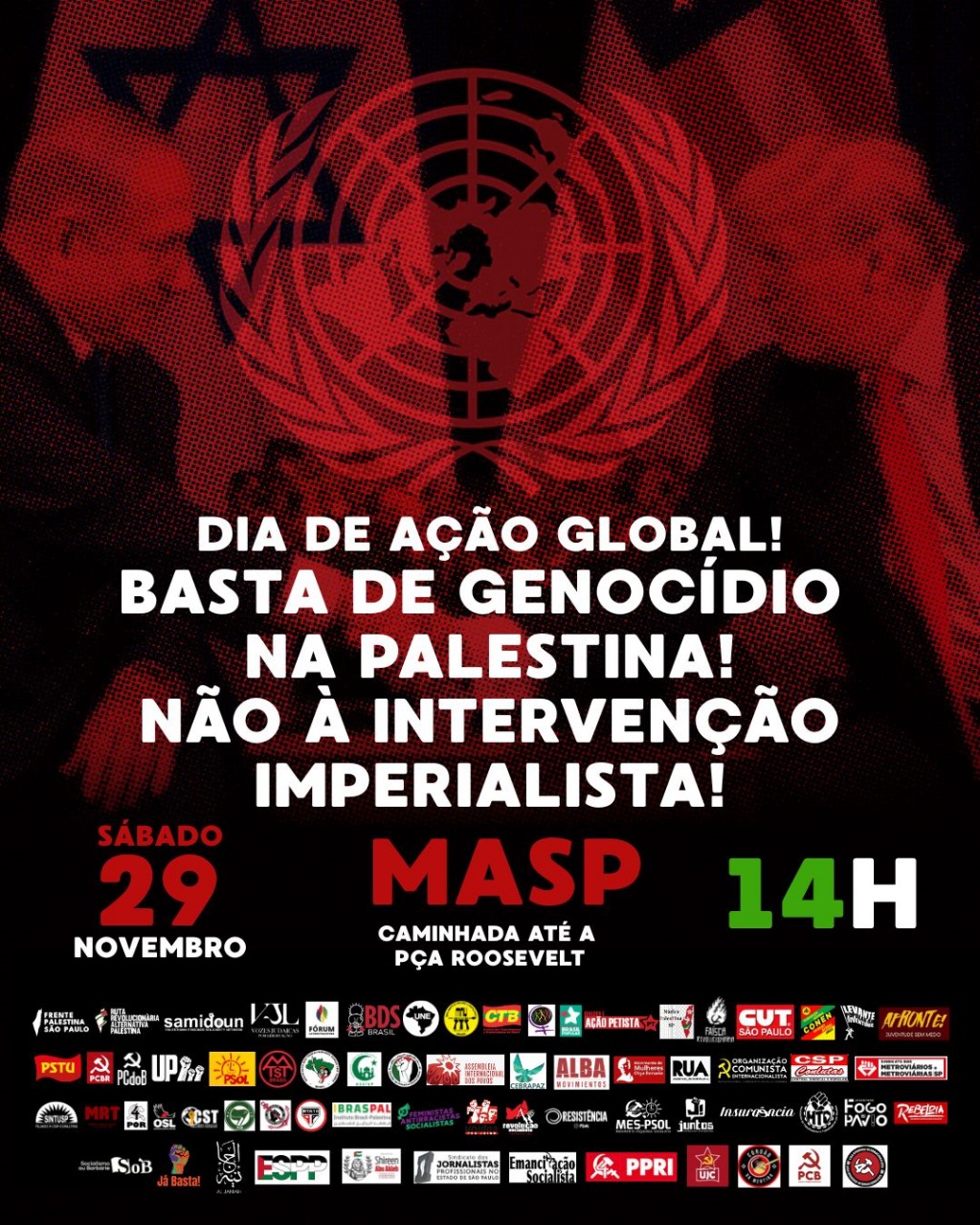Em São Paulo, a manifestação será às 14h, com concentração em frente ao MASP e caminhada até a Praça Roosevelt [Folder do Ato/ Frente Palestina SP]