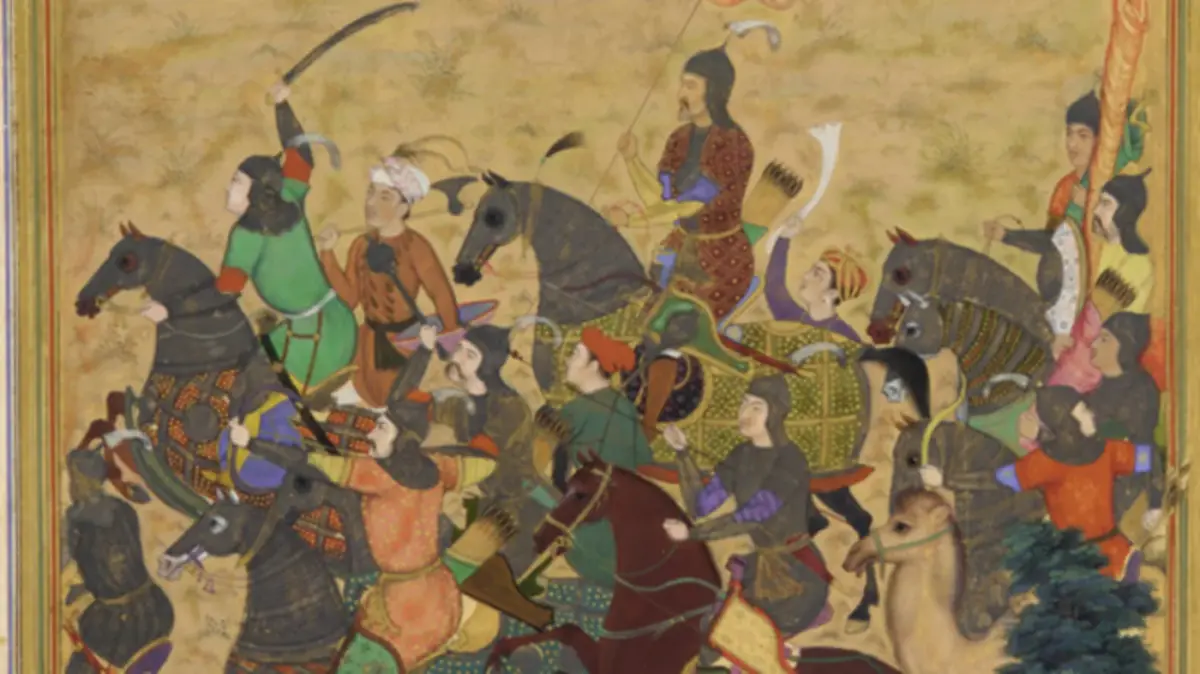 Uma miniatura mogol de 1574 a 1575 mostra as tropas do imperador Akbar perseguindo inimigos [Wikimedia Commons]