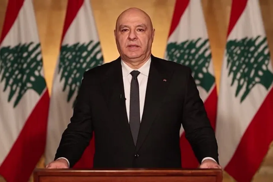 O presidente libanês, Joseph Aoun, discursa em Beirute, Líbano, em 17 de abril de 2026. [Captura de tela - Agência Anadolu]
