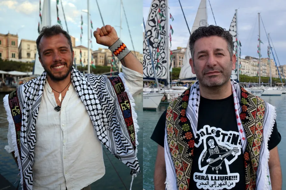 Thiago Ávila e Saif Abu Khashk, ativistas da Flotilha Global Sumud, pelo fim do cerco a Gaza [Reprodução/Agência Anadolu]